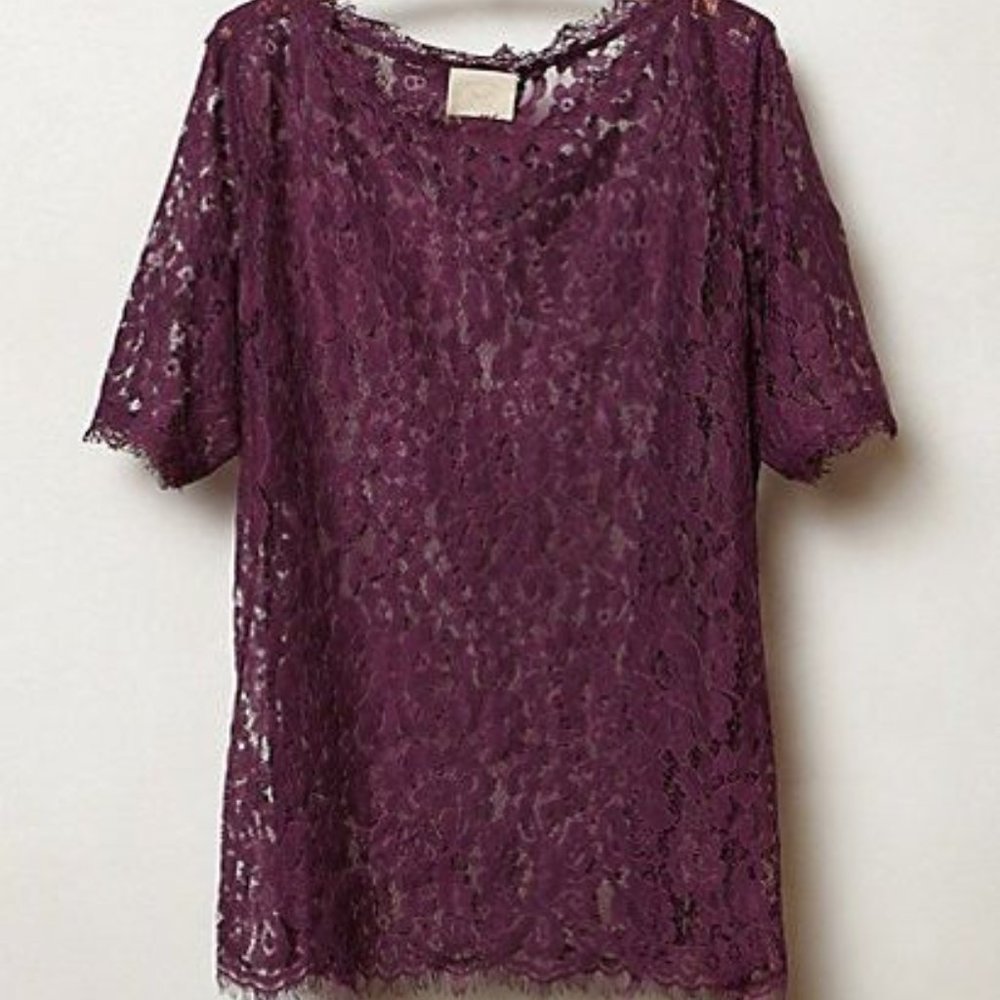 ANTHROPOLOGIE NEW Elysian Lace Top Blouse by Vanessa Virginia Purple Plum Sheer